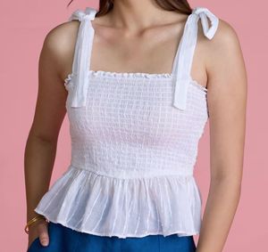 White Smocked Tie-Strap Peplum Tank