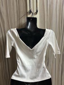 White V-Neck Ribbed Top