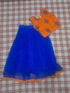 Orange & Blue Crop Top and Skirt Set