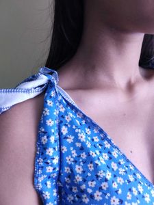 Blue Tie Up Crop Top Floral Pattern