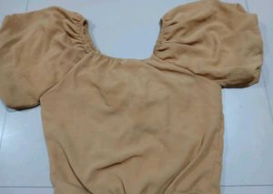 Tan Bow-Tie Puff Sleeve Top