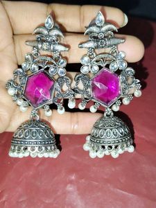 Pink Gemstone Jhumka Earrings