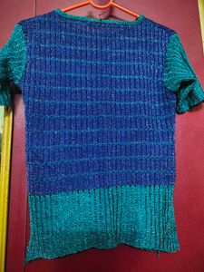 Blue Textured Short Sleeve Top