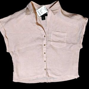 Light Pink Cropped Linen Button-Down