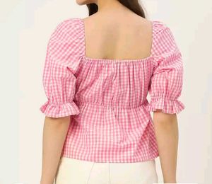 Pink And White Checked ( Gingham) Neck Blouson Top