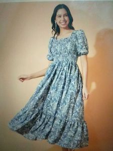 Women Fit And Flare Light Blue, White Dress