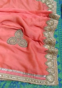 Peach And Off White Embellished Saree