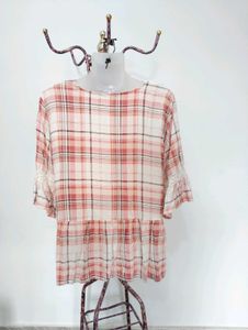 Pink Plaid Lace Trim Peasant Top