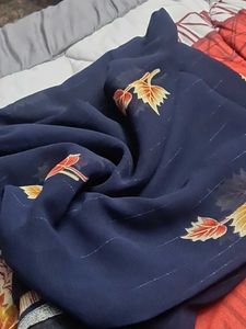 Dark Blue And Orange Red Floral Saree
