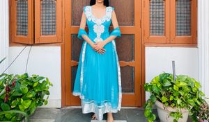 Turquoise & Silver Anarkali Suit