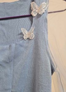 Cute Blue Korean Top With Lace Sleeves