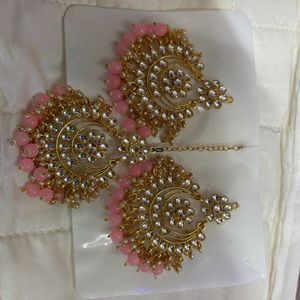 Elegant Pink Kundan Jhumka &amp; Maang Tikka Set