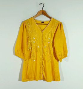 Yellow Embroidered Tunic Top For Women's