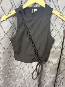 Black Ribbed Lace-Up Tank Top