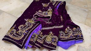 Elegant heavy work Purple Velvet Saree 😍