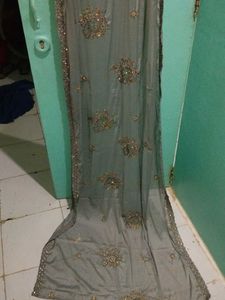 Gray &amp; Gold Embroidered Asian Dress