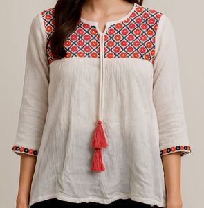 White Embroidered Boho Tunic with Tassel