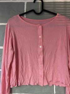 Pink Ribbed Button-Up Top