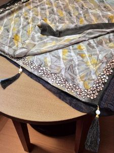 Elegant Grey &amp; Gold Embellished Scarf