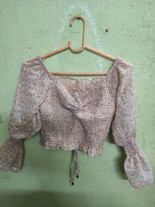 Floral Print Beige Multicolor Drawstring Crop Top