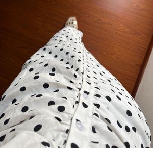 White &amp; Black Spot Print Ruched Front MIDI Dress