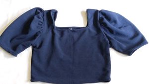 Navy Square Neck Puff Sleeve Crop Top