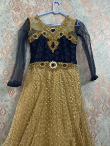 Elegant Gold &amp; Navy Anarkali Gown