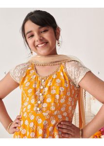 Festive Yellow &amp; Lace Outfit For Kids -15-16 Years
