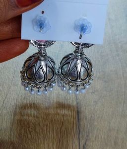 Pink Stone Oxidized Silver Jhumka Earrings