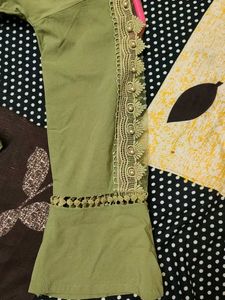 Olive top peplum style with beads and lace work