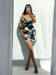 Blue Off Shoulder Floral Bodycon