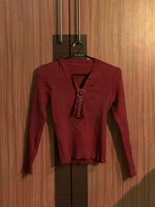 Stylish Maroon Ribbed Long Sleeve Top (freesize)