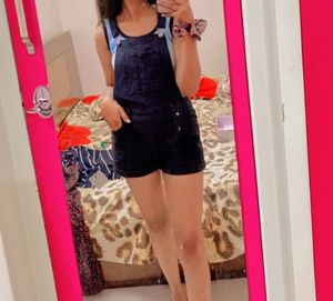 Black Short Dungaree With Pocket &amp; Button At Side