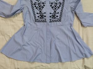 Blue Striped Embroidered Peplum Shirt