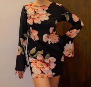 Floral Printed Black Mini Dress