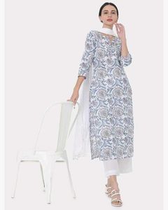 Saanjh White Floral Printed Straight Kurta