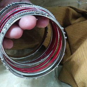 Combo Of Silver Blue And Silve Red Bangle Set