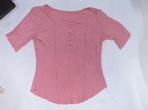 Pink Ribbed Henley Top