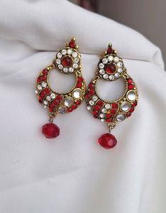 Beautiful Ethnic Gold And Red Earrings