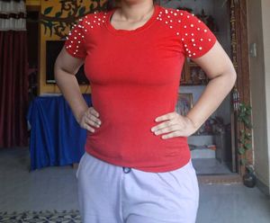 Red T-Shirt with Pearl Detail