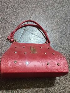 Red Embellished Top Handle Bag