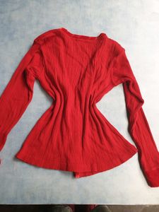Red Ribbed Button-Down Top
