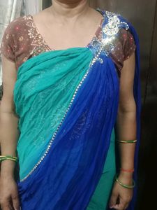 Stylish Dark Blue &amp; Light Green Saree