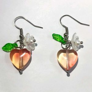 Handmade Orange Heart Earrings with Flower & Leaf