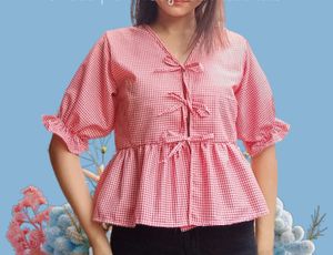 Gingham Front Tie up Red Top