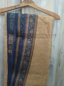 Nude Saree With Blue Border
