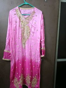 pink colorblocked kurta with embroidery