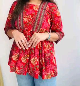 Red Floral Printed Formal Kurtis For Woman