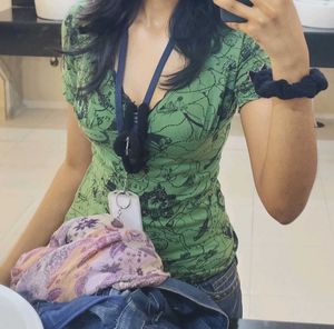 Rockstar Gf Nana Coded Green Printed Fitted Tee