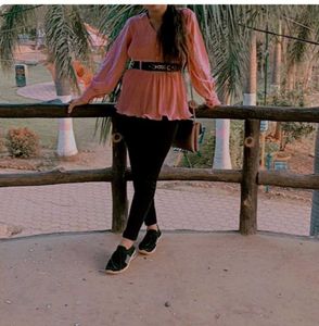 Pink Pleated Belted Blouse